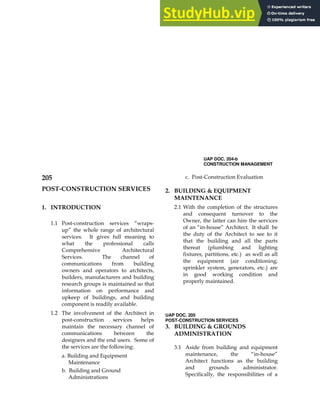UAP DOC. 204-b
CONSTRUCTION MANAGEMENT
017
,
2+ .
% % ! / H /
I
$
(
*
% 9
/
(
D
" A+
6
" <
! /$ A
0+ * /. 3 B A ,
9 % 5
+
,
H / I
1
2
+ 1
* 2
*
UAP DOC. 205
POST-CONSTRUCTION SERVICES
4+ * /. 3 B 3 .
.
: % +
H / I
(
 