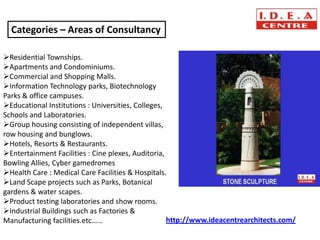 Categories – Areas of Consultancy

Residential Townships.
Apartments and Condominiums.
Commercial and Shopping Malls.
Information Technology parks, Biotechnology
Parks & office campuses.
Educational Institutions : Universities, Colleges,
Schools and Laboratories.
Group housing consisting of independent villas,
row housing and bunglows.
Hotels, Resorts & Restaurants.
Entertainment Facilities : Cine plexes, Auditoria,
Bowling Allies, Cyber gamedromes
Health Care : Medical Care Facilities & Hospitals.
Land Scape projects such as Parks, Botanical
gardens & water scapes.
Product testing laboratories and show rooms.
Industrial Buildings such as Factories &
Manufacturing facilities.etc……                      http://www.ideacentrearchitects.com/
 