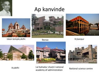 Ap kanvinde
Iskon temple,delhi lbsnaa Iit,kanpur
Iit,delhi Lal bahadur shastri national
academy of administration
National science centre
 