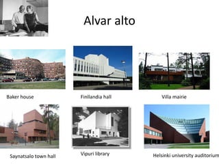 Alvar alto
Baker house Finllandia hall Villa mairie
Saynatsalo town hall Vipuri library Helsinki university auditorium
 