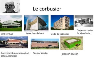 Le corbusier
Villa savouye Notre dam da haut Unite de habitation
Government museum and art
gallery,chandigar
Sanskar kendra Brazilian pavilion
Carpenter centre
for visual arts
 
