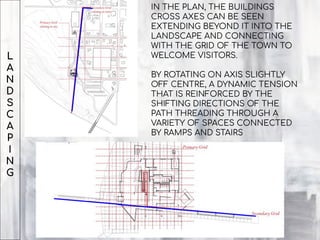 L
A
N
D
S
C
A
P
I
N
G
IN THE PLAN, THE BUILDINGS
CROSS AXES CAN BE SEEN
EXTENDING BEYOND IT INTO THE
LANDSCAPE AND CONNECTING
WITH THE GRID OF THE TOWN TO
WELCOME VISITORS.
BY ROTATING ON AXIS SLIGHTLY
OFF CENTRE, A DYNAMIC TENSION
THAT IS REINFORCED BY THE
SHIFTING DIRECTIONS OF THE
PATH THREADING THROUGH A
VARIETY OF SPACES CONNECTED
BY RAMPS AND STAIRS
 