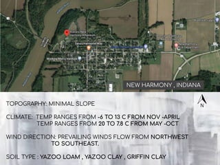 TOPOGRAPHY: MINIMAL SLOPE
CLIMATE: TEMP RANGES FROM -6 TO 13 C FROM NOV -APRIL
TEMP RANGES FROM 20 TO 7.8 C FROM MAY -OCT
WIND DIRECTION: PREVAILING WINDS FLOW FROM NORTHWEST
TO SOUTHEAST.
SOIL TYPE : YAZOO LOAM , YAZOO CLAY , GRIFFIN CLAY
NEW HARMONY , INDIANA
 