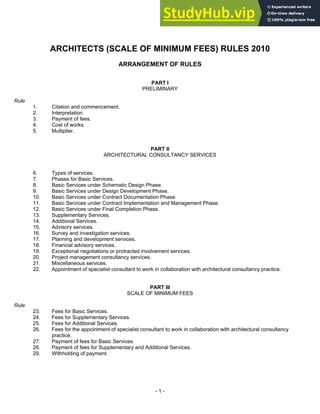 ARCHITECTS (SCALE OF MINIMUM FEES) RULES 2010
ARRANGEMENT OF RULES
PART I
PRELIMINARY
Rule
1. Citation and commencement.
2. Interpretation.
3. Payment of fees.
4. Cost of works.
5. Multiplier.
PART II
ARCHITECTURAL CONSULTANCY SERVICES
6. Types of services.
7. Phases for Basic Services.
8. Basic Services under Schematic Design Phase.
9. Basic Services under Design Development Phase.
10. Basic Services under Contract Documentation Phase.
11. Basic Services under Contract Implementation and Management Phase.
12. Basic Services under Final Completion Phase.
13. Supplementary Services.
14. Additional Services.
15. Advisory services.
16. Survey and investigation services.
17. Planning and development services.
18. Financial advisory services.
19. Exceptional negotiations or protracted involvement services.
20. Project management consultancy services.
21. Miscellaneous services.
22. Appointment of specialist consultant to work in collaboration with architectural consultancy practice.
PART III
SCALE OF MINIMUM FEES
Rule
23. Fees for Basic Services.
24. Fees for Supplementary Services.
25. Fees for Additional Services.
26. Fees for the appointment of specialist consultant to work in collaboration with architectural consultancy
practice.
27. Payment of fees for Basic Services.
28. Payment of fees for Supplementary and Additional Services.
29. Withholding of payment.
- 1 -
 