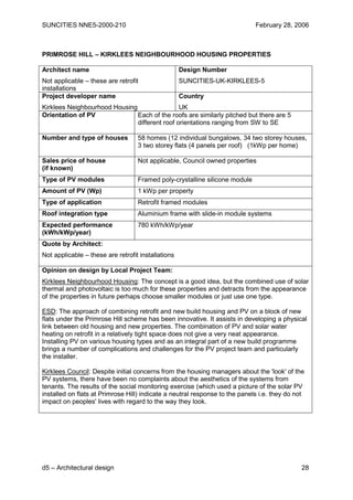 SUNCITIES NNE5-2000-210                                                      February 28, 2006



PRIMROSE HILL – KIRKLEES NEIGHBOURHOOD HOUSING PROPERTIES

Architect name                                      Design Number
Not applicable – these are retrofit                 SUNCITIES-UK-KIRKLEES-5
installations
Project developer name                              Country
Kirklees Neighbourhood Housing                 UK
Orientation of PV              Each of the roofs are similarly pitched but there are 5
                               different roof orientations ranging from SW to SE

Number and type of houses          58 homes (12 individual bungalows, 34 two storey houses,
                                   3 two storey flats (4 panels per roof) (1kWp per home)

Sales price of house               Not applicable, Council owned properties
(if known)
Type of PV modules                 Framed poly-crystalline silicone module
Amount of PV (Wp)                  1 kWp per property
Type of application                Retrofit framed modules
Roof integration type              Aluminium frame with slide-in module systems
Expected performance               780 kWh/kWp/year
(kWh/kWp/year)
Quote by Architect:
Not applicable – these are retrofit installations

Opinion on design by Local Project Team:
Kirklees Neighbourhood Housing: The concept is a good idea, but the combined use of solar
thermal and photovoltaic is too much for these properties and detracts from the appearance
of the properties in future perhaps choose smaller modules or just use one type.

ESD: The approach of combining retrofit and new build housing and PV on a block of new
flats under the Primrose Hill scheme has been innovative. It assists in developing a physical
link between old housing and new properties. The combination of PV and solar water
heating on retrofit in a relatively tight space does not give a very neat appearance.
Installing PV on various housing types and as an integral part of a new build programme
brings a number of complications and challenges for the PV project team and particularly
the installer.

Kirklees Council: Despite initial concerns from the housing managers about the 'look' of the
PV systems, there have been no complaints about the aesthetics of the systems from
tenants. The results of the social monitoring exercise (which used a picture of the solar PV
installed on flats at Primrose Hill) indicate a neutral response to the panels i.e. they do not
impact on peoples' lives with regard to the way they look.




d5 – Architectural design                                                                     28
 