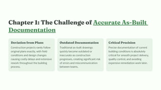 C apter 1: T e C alle ge of Accurate A -Built
Docu e tatio
Deviatio fro Pla
Construction projects rarely follow
original plans exactly, with field
conditions and design changes
causing costly delays and extensive
rework throughout the building
process.
Outdated Docu e tatio
Traditional as-built drawings
quickly become outdated or
inaccurate as construction
progresses, creating significant risk
of errors and miscommunication
between teams.
Critical Preci io
Precise documentation of current
building conditions is absolutely
critical for smooth project delivery,
quality control, and avoiding
expensive remediation work later.
 