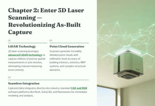 C apter 2: E ter 3D La er
Sca i g 4
Revolutio izi g A -Built
Capture
01
LiDAR Tec ology
3D laser scanning leverages
advanced LiDAR technology to
capture millions of precise spatial
measurements in just minutes,
eliminating manual measuring
errors entirely.
02
Poi t Cloud Ge eratio
Scanners generate incredibly
detailed point clouds with
millimeter-level accuracy of
building interiors, exteriors, MEP
systems, and complex structural
elements.
03
Sea le I tegratio
Captured data integrates directly into industry-standard CAD and BIM
software platforms like Revit, AutoCAD, and Navisworks for immediate
modeling and analysis.
 