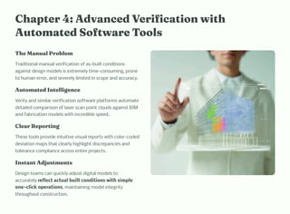 C apter 4: Adva ced Verificatio wit
Auto ated Software Tool
T e Ma ual Proble
Traditional manual verification of as-built conditions
against design models is extremely time-consuming, prone
to human error, and severely limited in scope and accuracy.
Auto ated I tellige ce
Verity and similar verification software platforms automate
detailed comparison of laser scan point clouds against BIM
and fabrication models with incredible speed.
Clear Reporti g
These tools provide intuitive visual reports with color-coded
deviation maps that clearly highlight discrepancies and
tolerance compliance across entire projects.
I ta t Adju t e t
Design teams can quickly adjust digital models to
accurately reflect actual built conditions with simple
one-click operations, maintaining model integrity
throughout construction.
 