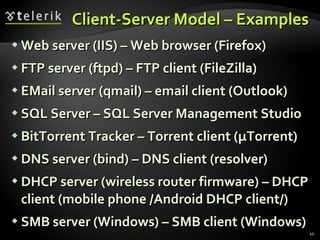 Client-Server Model – Examples Web server (IIS) – Web browser (Firefox) FTP server (ftpd) – FTP client (FileZilla) EMail server (qmail) – email client (Outlook) SQL Server – SQL Server Management Studio BitTorrent Tracker – Torrent client ( μ Torrent) DNS server (bind) – DNS client (resolver) DHCP server (wireless router firmware) – DHCP client (mobile phone /Android DHCP client/) SMB server (Windows) – SMB client (Windows) 