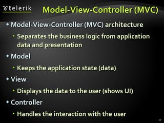 Model-View-Controller (MVC) Model-View-Controller (MVC)  architecture  Separates the business logic from application data and presentation Model Keeps the application state (data) View Displays the data to the user (shows UI) Controller Handles the interaction with the user 