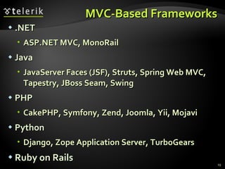 MVC-Based Frameworks .NET ASP.NET MVC, MonoRail Java JavaServer Faces (JSF), Struts, Spring Web MVC, Tapestry, JBoss Seam, Swing PHP CakePHP, Symfony, Zend ,  Joomla ,  Yii, Mojavi Python Django, Zope Application Server, TurboGears Ruby on Rails 