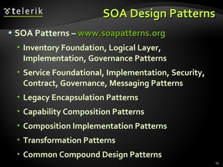 SOA Design Patterns SOA Patterns –  www.soapatterns.org Inventory Foundation, Logical Layer, Implementation, Governance Patterns Service Foundational, Implementation, Security, Contract ,  Governance ,  Messaging Patterns Legacy Encapsulation Patterns Capability Composition Patterns Composition Implementation Patterns Transformation Patterns Common Compound Design Patterns 