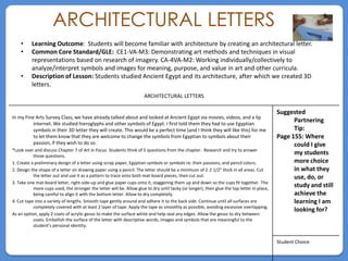 ARCHITECTURAL LETTERS                                                                                                         Image of
                                                                                                                                                     your
                                                                                                                                                    choice
    •     Learning Outcome: Students will become familiar with architecture by creating an architectural letter.
    •     Common Core Standard/GLE: CE1-VA-M3: Demonstrating art methods and techniques in visual
          representations based on research of imagery. CA-4VA-M2: Working individually/collectively to
          analyze/interpret symbols and images for meaning, purpose, and value in art and other curricula.
    •     Description of Lesson: Students studied Ancient Egypt and its architecture, after which we created 3D
          letters.
                                                                      ARCHITECTURAL LETTERS

                                                                                                                                            Suggested
In my Fine Arts Survey Class, we have already talked about and looked at Ancient Egypt via movies, videos, and a lip
          internet. We studied hieroglyphs and other symbols of Egypt. I first told them they had to use Egyptian
                                                                                                                                                  Partnering
          symbols in their 3D letter they will create. This would be a perfect time (and I think they will like this) for me                      Tip:
          to let them know that they are welcome to change the symbols from Egyptian to symbols about their                                 Page 155: Where
          passion, if they wish to do so.                                                                                                         could I give
*Look over and discuss Chapter 7 of Art in Focus. Students think of 5 questions from the chapter. Research and try to answer
           those questions.
                                                                                                                                                  my students
1. Create a preliminary design of a letter using scrap paper, Egyptian symbols or symbols re: their passions, and pencil colors.                  more choice
2. Design the shape of a letter on drawing paper using a pencil. The letter should be a minimum of 2-2 1/2” thick in all areas. Cut               in what they
           the letter out and use it as a pattern to trace onto both mat-board pieces, then cut out.                                              use, do, or
3. Take one mat-board letter, right-side-up and glue paper cups onto it, staggering them up and down so the cups fit together. The
           more cups used, the stronger the letter will be. Allow glue to dry until tacky (or longer), then glue the top letter in place,
                                                                                                                                                  study and still
           being careful to align it with the bottom letter. Allow to dry completely.                                                             achieve the
4. Cut tape into a variety of lengths. Smooth tape gently around and adhere it to the back side. Continue until all surfaces are                  learning I am
           completely covered with at least 2 layer of tape. Apply the tape as smoothly as possible, avoiding excessive overlapping.
                                                                                                                                                  looking for?
As an option, apply 2 coats of acrylic gesso to make the surface white and help seal any edges. Allow the gesso to dry between
           coats. Embellish the surface of the letter with descriptive words, images and symbols that are meaningful to the
           student’s personal identity.


                                                                                                                                            Student Choice
 