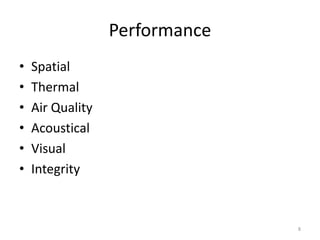 8
Performance
• Spatial
• Thermal
• Air Quality
• Acoustical
• Visual
• Integrity