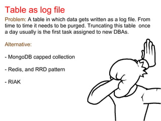 Table as log file
Problem: A table in which data gets written as a log file. From
time to time it needs to be purged. Truncating this table once
a day usually is the first task assigned to new DBAs.
Alternative:
- MongoDB capped collection
- Redis, and RRD pattern
- RIAK
 