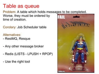 Table as queue
Problem: A table which holds messages to be completed.
Worse, they must be ordered by
time of creation.
Corolary: Job Scheduler table
Alternatives:
- RestMQ, Resque
- Any other message broker
- Redis (LISTS - LPUSH + RPOP)
- Use the right tool
 