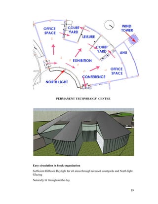 19
PERMANENT TECHNOLOGY CENTRE
Easy circulation in block organization
Sufficient Diffused Daylight for all areas through recessed courtyards and North light
Glazing
Naturally lit throughout the day
 