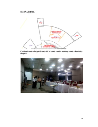 21
SEMINAR HALL
Can be divided using partition walls to create smaller meeting rooms – flexibility
of spaces
 