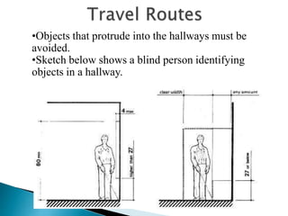 •Objects that protrude into the hallways must be
avoided.
•Sketch below shows a blind person identifying
objects in a hallway.
 