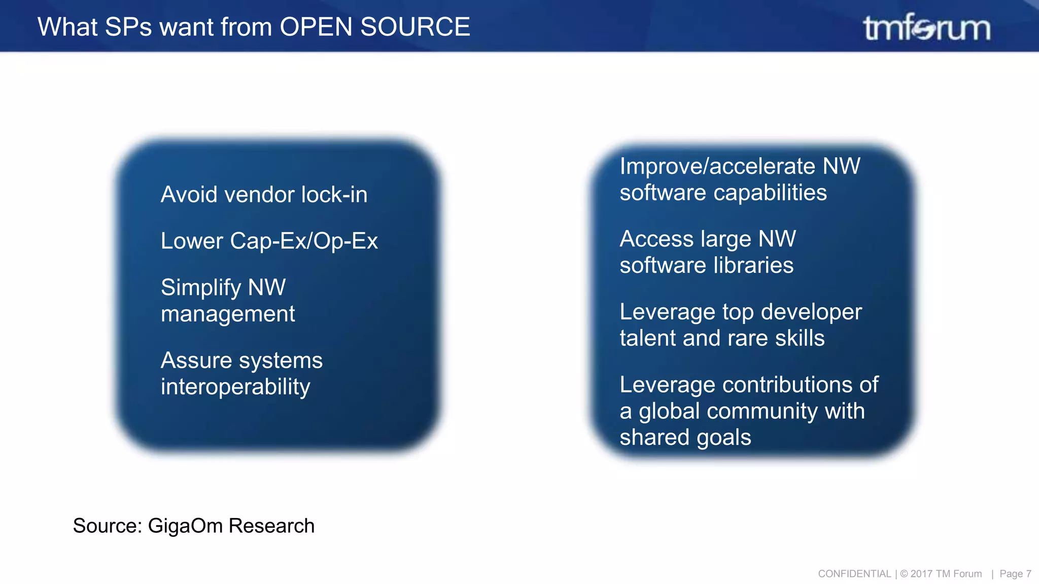 CONFIDENTIAL | © 2017 TM Forum | Page 7
What SPs want from OPEN SOURCE
Improve/accelerate NW
software capabilities
Access large NW
software libraries
Leverage top developer
talent and rare skills
Leverage contributions of
a global community with
shared goals
Avoid vendor lock-in
Lower Cap-Ex/Op-Ex
Simplify NW
management
Assure systems
interoperability
Source: GigaOm Research
 