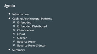 ● Introduction
● Caching Architectural Patterns
○ Embedded
○ Embedded Distributed
○ Client-Server
○ Cloud
○ Sidecar
○ Reve...