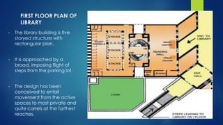 FIRST FLOOR PLAN OF
LIBRARY
• The library building is five
storyed structure with
rectangular plan.
• It is approached by a
broad, imposing flight of
steps from the parking lot.
• The design has been
conceived to entail
movement from the active
spaces to most private and
quite carrels at the farthest
reaches.
 