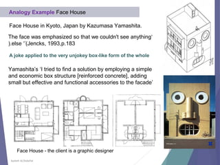 Aysheh ALShdaifat
Analogy Example Face House
Face House in Kyoto, Japan by Kazumasa Yamashita.
Face House - the client is a graphic designer
‘The face was emphasized so that we couldn't see anything
else ‘’(Jencks, 1993,p.183(.
A joke applied to the very unjokey box-like form of the whole
Yamashita’s ‘I tried to find a solution by employing a simple
and economic box structure [reinforced concrete], adding
small but effective and functional accessories to the facade’
 
