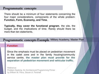 There should be a minimum of four statements concerning the
four major considerations, components of the whole problem:
Function, Form, Economy, and Time.
Typically, they cover the functional program, the site, the
budget, and the implications of time. Rarely should there be
more than ten statements.
Programmatic concepts
Function
Since the emphasis must be placed on pedestrian movement
in the cadet zone and in the family housing/community
service centre, the master plan must provide for the
separation of pedestrian movement and vehicular traffic.
Military Academy, Master PlanProgrammatic concepts Exemple
Reference
Problem Seeking: An Architectural Programming Primer
by William M. Pena, Steven A. Parshall
 