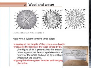 Frei Otto and Bodo Rasch. Finding Form (1995): 69.
Otto wool’s system contains three steps:
•mapping all the targets of the system on a board.
•increasing the length of the wool thread by 8%
(The figure of 8% is generalized: this amount of
detouring need not be averaged down to a single
figure for the whole and can be differentiated
throughout the system) .
•dipping the whole system in water and merging
the holes.
2 Wool and water
 