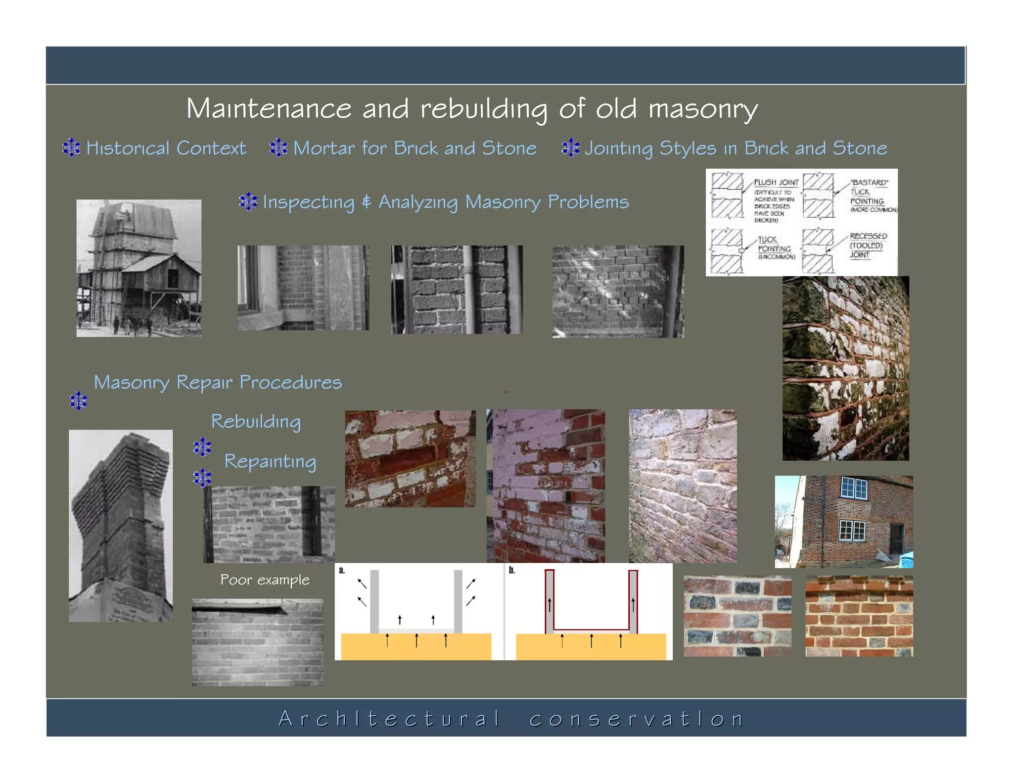 Maintenance and rebuilding of old masonry
Historical Context       Mortar for Brick and Stone           Jointing Styles in Brick and Stone

                     Inspecting & Analyzing Masonry Problems




            Traces of tuck pointing   Brick damaged by
                                                          Deterioration of pure
Masonry Repair Procedures             sandblasting        lime mortar

              Rebuilding
                Repainting




               Poor example




                       ArchItectural                     conservatIon
            Excellent example
 