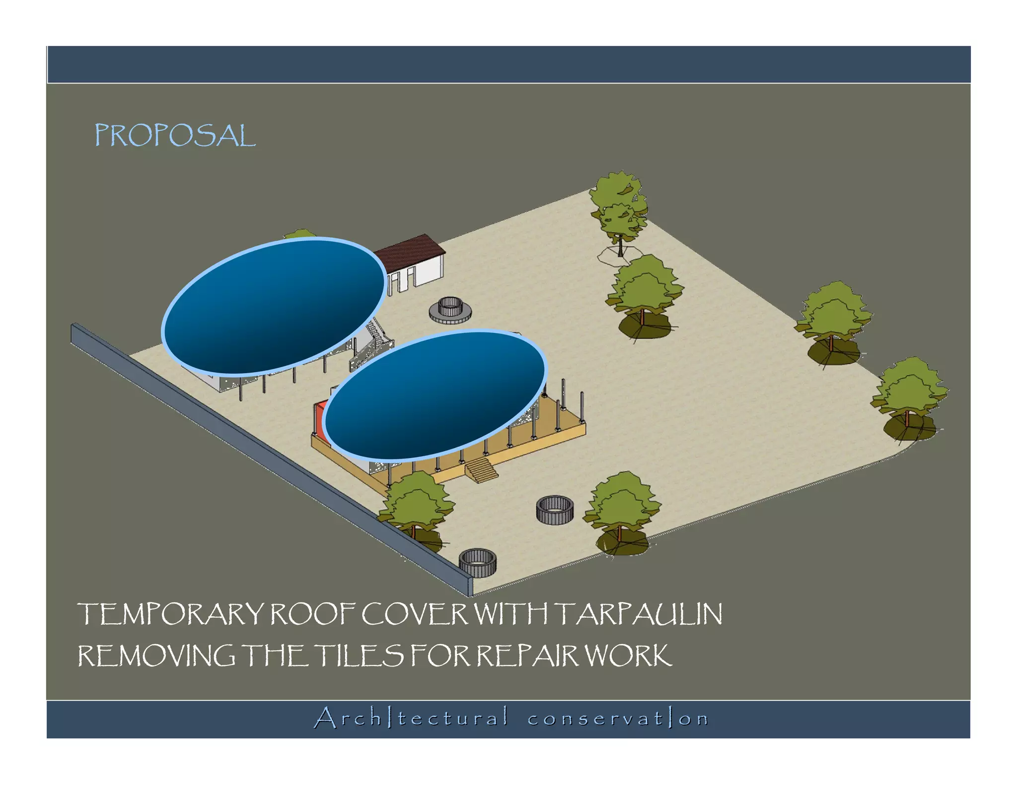 PROPOSAL




TEMPORARY ROOF COVER WITH TARPAULIN
REMOVING THE TILES FOR REPAIR WORK

             ArchItectural conservatIon
 