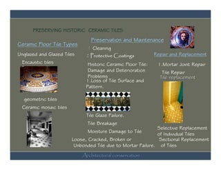 PRESERVING HISTORIC CERAMIC TILES
                                Preservation and Maintenance
Ceramic Floor Tile Types
                              1 Cleaning
Unglazed and Glazed Tiles     2 Protective Coatings           Repair and Replacement
 Encaustic tiles               Historic Ceramic Floor Tile:    1.Mortar Joint Repair
                               Damage and Deterioration          Tile Repair
                               Problems                         Tile replacement
                              1.Loss of Tile Surface and
                              Pattern.

  geometric tiles
 Ceramic mosaic tiles
                              Tile Glaze Failure.
                              Tile Breakage
                                                             Selective Replacement
                              Moisture Damage to Tile
                                                             of Individual Tiles
                        Loose, Cracked, Broken or             Sectional Replacement
                         Unbonded Tile due to Mortar Failure. of Tiles
                            Architectural conservation
 