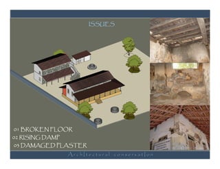ISSUES




01 BROKEN FLOOR
02 RISING DAMP
03 DAMAGED PLASTER
                 ArchItectural conservatIon
 