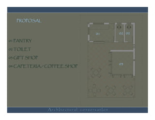 PROPOSAL


                                   01       02 02

01 PANTRY

02 TOILET

03 GIFT SHOP
                                            03
04 CAFETERIA / COFFEE SHOP




               ArchItectural conservatIon
 