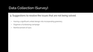 Data Collection (Survey)
9. Suggestions to resolve the issues that are not being solved.
• Having a significant united design into incorporating greenery
• Organize a fundraising campaign
• Reinforcement of laws
 