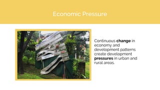 Economic Pressure
Continuous change in
economy and
development patterns
create development
pressures in urban and
rural areas.
 