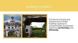 Building Condition
Functional and physical
obsolescence hinder
building capacity to
accommodate households
and firms comfortably and
efficiently.
 