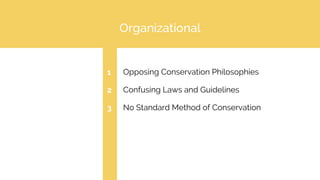 Organizational
Opposing Conservation Philosophies
Confusing Laws and Guidelines
No Standard Method of Conservation
1
2
3
 