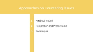 Approaches on Countering Issues
Adaptive Reuse
Restoration and Preservation
Campaigns
1
2
3
 