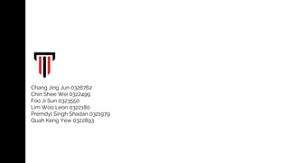 Chang Jing Jun 0326762
Chin Shee Wei 0322499
Foo Ji Sun 0323550
Lim Woo Leon 0322180
Premdyl Singh Shadan 0321979
Quah Keng Yew 0322893
 