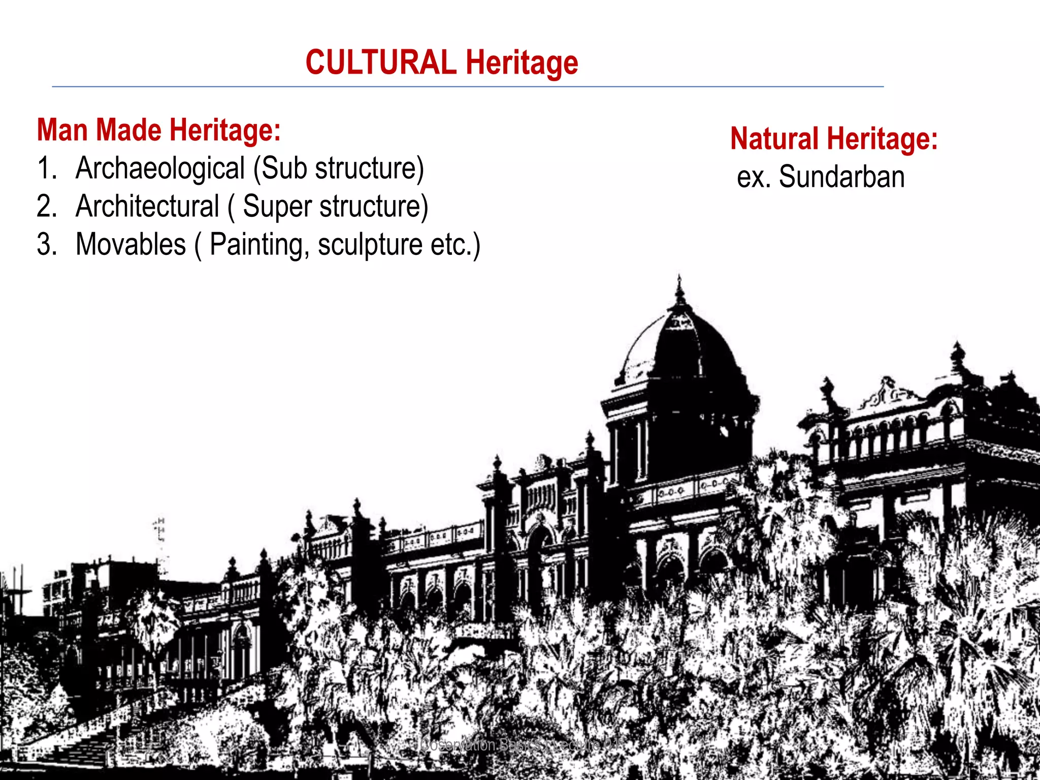 Man Made Heritage:
1. Archaeological (Sub structure)
2. Architectural ( Super structure)
3. Movables ( Painting, sculpture etc.)
Coservation Basics | Lecture 01
Natural Heritage:
ex. Sundarban
CULTURAL Heritage
 