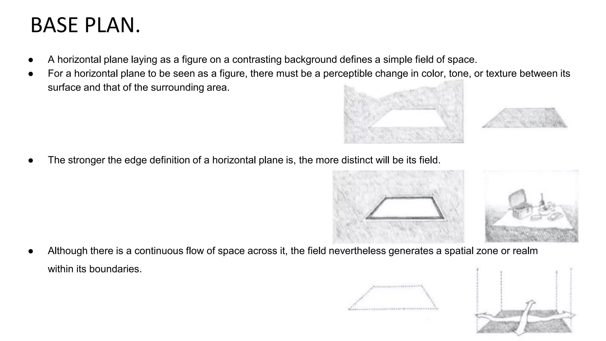 BASE PLAN.
● A horizontal plane laying as a figure on a contrasting background defines a simple field of space.
● For a horizontal plane to be seen as a figure, there must be a perceptible change in color, tone, or texture between its
surface and that of the surrounding area.
● The stronger the edge definition of a horizontal plane is, the more distinct will be its field.
● Although there is a continuous flow of space across it, the field nevertheless generates a spatial zone or realm
within its boundaries.
 
