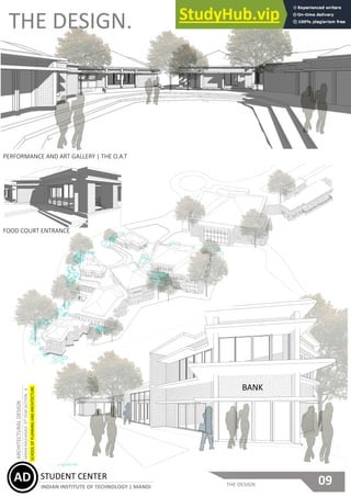 STUDENT CENTER
INDIAN INSTITUTE OF TECHNOLOGY | MANDI
ARCHITECTURAL
DESIGN
SCHOOL
OF
PLANNING
AND
ARCHITECTURE
AD
AD
ARNAB
MAJUMDER
3
RD
YEAR
SECTION
-
B
09
THE DESIGN
THE DESIGN.
BANK
PERFORMANCE AND ART GALLERY | THE O.A.T
FOOD COURT ENTRANCE
 