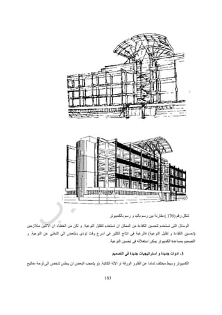 513
‫الكمبيوتر‬ ‫بمساعدة‬ ‫المعمارى‬ ‫التصميم‬ ‫تعليم‬
‫لماذا‬-‫كيف‬-‫االحتياجات‬-‫االمكانيات‬
‫المعمارى‬ ‫التعليم‬ ‫فى‬ ‫الكمبيوتر‬ ‫دخول‬ ‫تأثير‬
‫المعمارى‬ ‫التصميم‬ ‫تعليم‬
‫الكمبيوتر‬ ‫استخدام‬ ‫تعليم‬
‫التأث‬‫التعليمية‬ ‫العملية‬ ‫على‬ ‫ير‬
‫بالتدريس‬ ‫للقائمين‬ ‫بالنسبة‬
‫للدارسين‬ ‫بالنسبة‬
‫التدريس‬ ‫لمحتويات‬ ‫بالنسبة‬
‫الكمبيوتر‬ ‫بمساعدة‬ ‫و‬ ‫التقليدية‬ ‫بالطريقة‬ ‫المعمارى‬ ‫التصميم‬ ‫تعليم‬ ‫بين‬ ‫مقارنة‬
‫الكمبيوتر‬ ‫بمساعدة‬ ‫التقليدية‬ ‫الطريقة‬ ‫المقارنة‬
‫التصميمية‬ ‫العملية‬ ‫تكون‬ ‫بان‬ ‫االهتمام‬
‫تقنية‬ ‫و‬ ‫وضوحا‬ ‫اكثر‬
‫من‬ ‫التصميم‬ ‫تعليم‬ ‫فى‬ ‫التقليدية‬ ‫الطرق‬
‫الشخصية‬ ‫الخبرة‬ ‫انتقال‬ ‫خالل‬
‫المعمارى‬ ‫التصميم‬ ‫تعليم‬
‫الجديدة‬ ‫و‬ ‫التقليدية‬ ‫الخبرات‬ ‫اكتساب‬
‫المهنة‬ ‫لممارسة‬ ‫الالزمة‬
‫الالزمة‬ ‫التقليدية‬ ‫الخبرات‬ ‫اكتساب‬
‫المهنة‬ ‫لممارسة‬
‫االهداف‬‫التعليمية‬
‫المراسم‬ ‫و‬ ‫التجهيزات‬ ‫توفير‬
‫االتصال‬ ‫شبكات‬ ‫و‬ ‫االليكترونية‬
‫الذاتى‬ ‫للتعلم‬ ‫الطالب‬ ‫توجيه‬ ‫بالمكتبات‬
‫خالل‬ ‫من‬ ‫التعليم‬ ‫فى‬ ‫التقليدية‬ ‫الطرق‬
‫المحاضرات‬ ‫و‬ ‫المراسم‬
‫التدريس‬ ‫اسلوب‬
‫التوجيه‬ ‫و‬ ‫النقد‬ ‫بهدف‬ ‫متباعد‬ ‫تفاعل‬
‫التجهيزات‬ ‫توفير‬ ‫و‬
‫بهدف‬ ‫المراسم‬ ‫داخل‬ ‫مستمر‬ ‫تفاعل‬
‫الخبرات‬ ‫نقل‬
‫االستاذ‬ ‫و‬ ‫الطالب‬ ‫بين‬ ‫التفاعل‬
‫فهم‬ ‫تكوين‬ ‫فى‬ ‫النفس‬ ‫على‬ ‫االعتماد‬
‫التقنية‬ ‫الدقة‬ ‫و‬ ‫التصميمية‬ ‫للعملية‬
‫العملية‬ ‫فهم‬ ‫فى‬ ‫االستاذ‬ ‫على‬ ‫يعتمد‬
‫التصميمية‬
‫الطالب‬
‫االهداف‬ ‫و‬ ‫التصميمية‬ ‫العملية‬
‫من‬ ‫التمكن‬ ‫و‬ ‫الطالب‬ ‫تطور‬ ‫و‬ ‫التعليمية‬
‫الوسائل‬ ‫تطوير‬ ‫و‬ ‫التكنولوجيا‬‫التعليمية‬
‫االهداف‬ ‫و‬ ‫التصميمية‬ ‫العملية‬
‫الطالب‬ ‫تطور‬ ‫و‬ ‫التعليمية‬
‫االستاذ‬
 