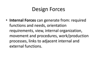 Design Forces
• Internal Forces can generate from: required
functions and needs, orientation
requirements, view, internal organization,
movement and procedures, work/production
processes, links to adjacent internal and
external functions.
 