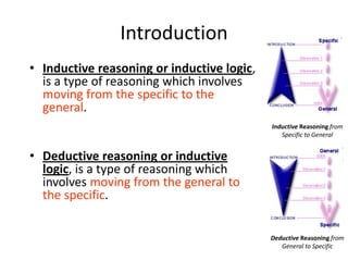 Introduction
• Inductive reasoning or inductive logic,
is a type of reasoning which involves
moving from the specific to the
general.
• Deductive reasoning or inductive
logic, is a type of reasoning which
involves moving from the general to
the specific.
Inductive Reasoning from
Specific to General
Deductive Reasoning from
General to Specific
 