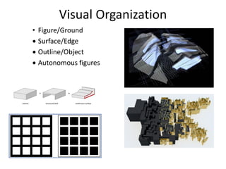 Visual Organization
• Figure/Ground
 Surface/Edge
 Outline/Object
 Autonomous figures
 