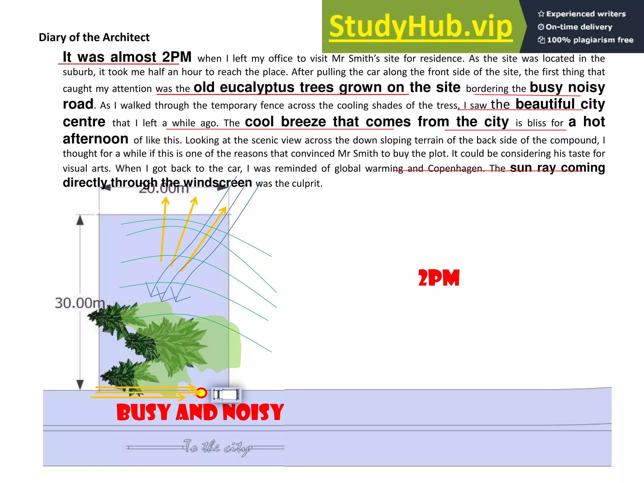 Diary of the Architect
It was almost 2PM when I left my office to visit Mr Smith’s site for residence. As the site was located in the
suburb, it took me half an hour to reach the place. After pulling the car along the front side of the site, the first thing that
caught my attention was the old eucalyptus trees grown on the site bordering the busy noisy
road. As I walked through the temporary fence across the cooling shades of the tress, I saw the beautiful city
centre that I left a while ago. The cool breeze that comes from the city is bliss for a hot
afternoon of like this. Looking at the scenic view across the down sloping terrain of the back side of the compound, I
thought for a while if this is one of the reasons that convinced Mr Smith to buy the plot. It could be considering his taste for
visual arts. When I got back to the car, I was reminded of global warming and Copenhagen. The sun ray coming
directly through the windscreen was the culprit.
2PM
Busy and noisy
 