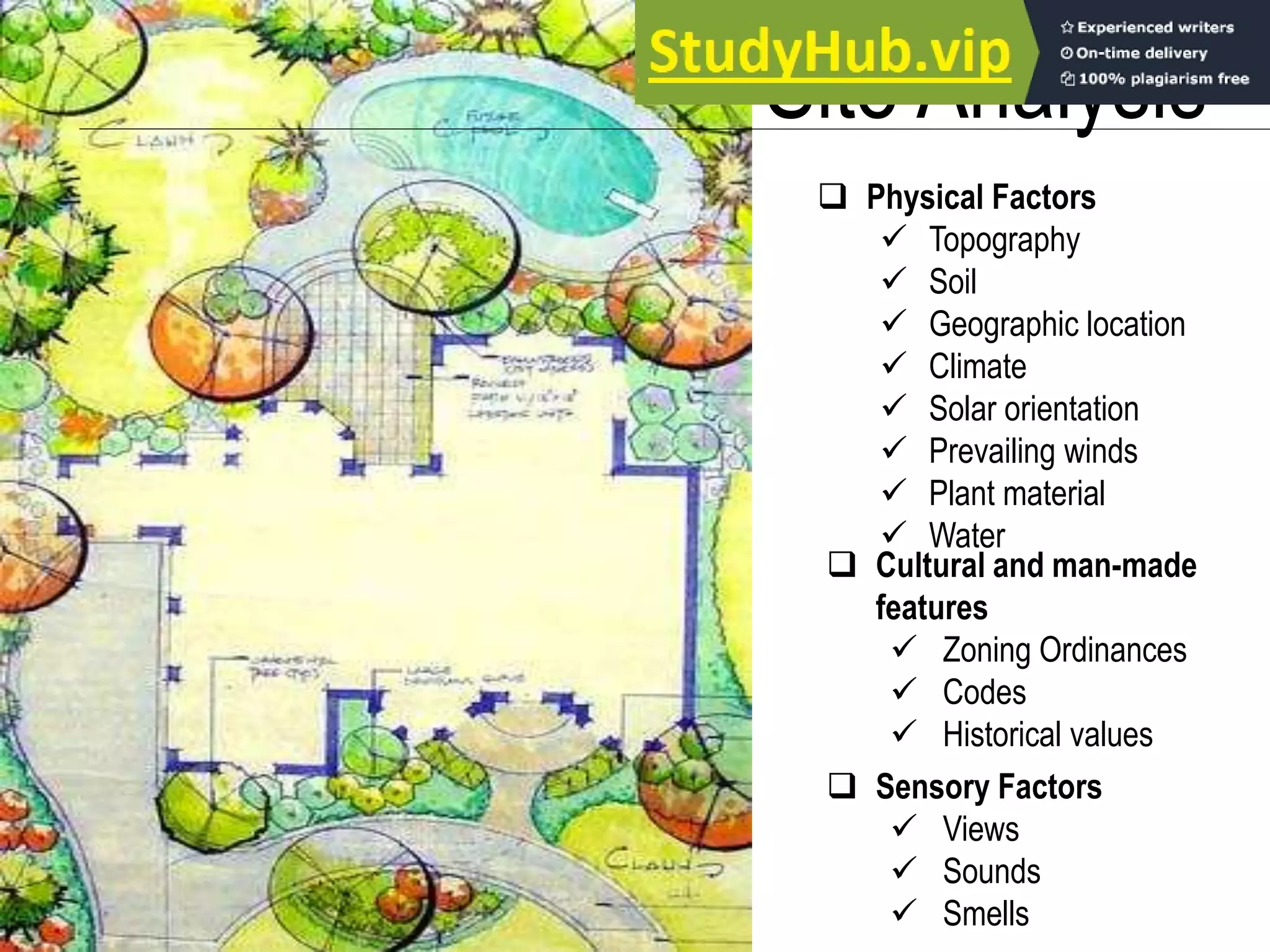 Site Analysis
 Physical Factors
 Topography
 Soil
 Geographic location
 Climate
 Solar orientation
 Prevailing winds
 Plant material
 Water
 Cultural and man-made
features
 Zoning Ordinances
 Codes
 Historical values
 Sensory Factors
 Views
 Sounds
 Smells
 