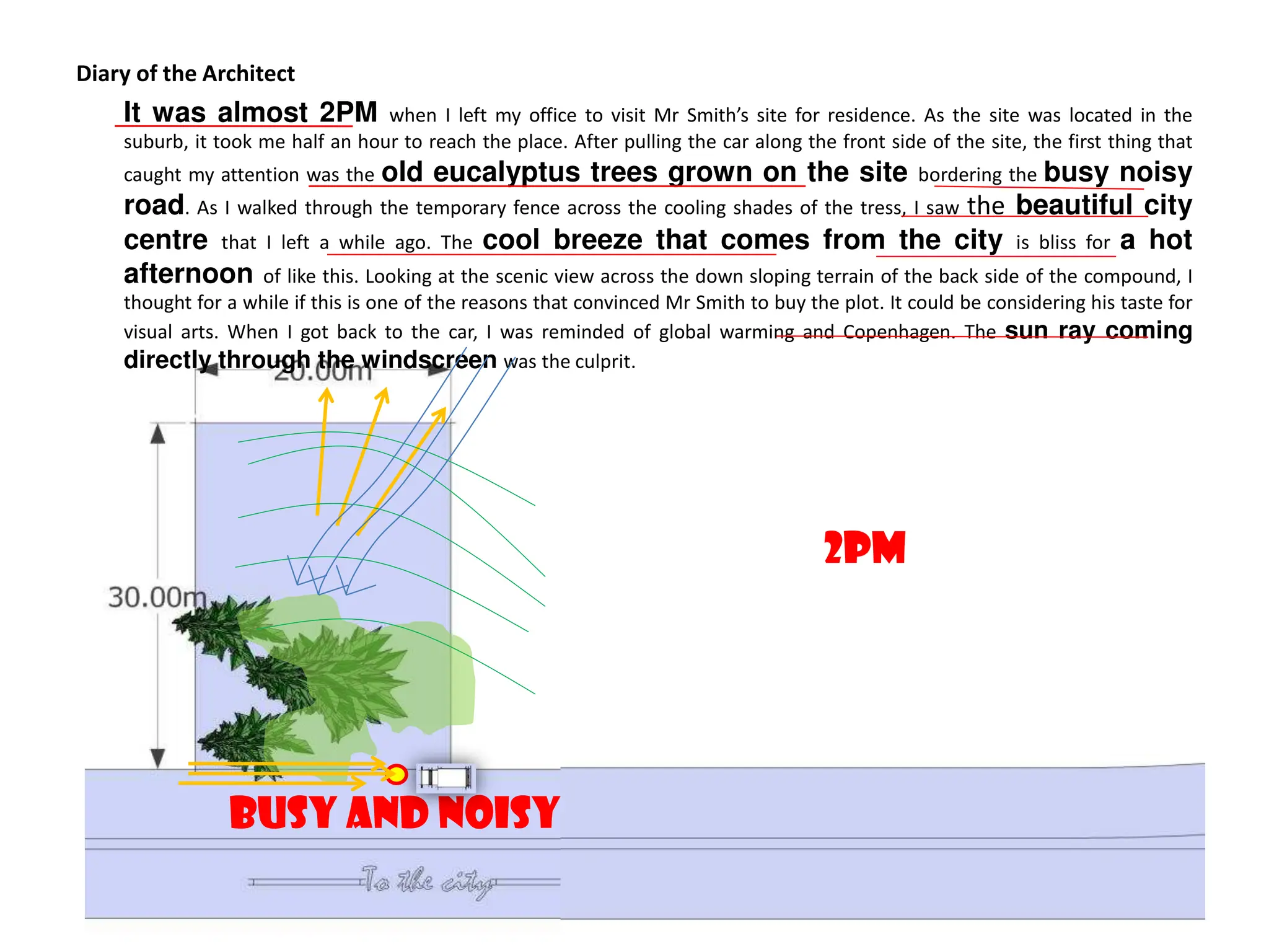 Diary of the Architect
It was almost 2PM when I left my office to visit Mr Smith’s site for residence. As the site was located in the
suburb, it took me half an hour to reach the place. After pulling the car along the front side of the site, the first thing that
caught my attention was the old eucalyptus trees grown on the site bordering the busy noisy
road. As I walked through the temporary fence across the cooling shades of the tress, I saw the beautiful city
centre that I left a while ago. The cool breeze that comes from the city is bliss for a hot
afternoon of like this. Looking at the scenic view across the down sloping terrain of the back side of the compound, I
thought for a while if this is one of the reasons that convinced Mr Smith to buy the plot. It could be considering his taste for
visual arts. When I got back to the car, I was reminded of global warming and Copenhagen. The sun ray coming
directly through the windscreen was the culprit.
2PM
Busy and noisy
 